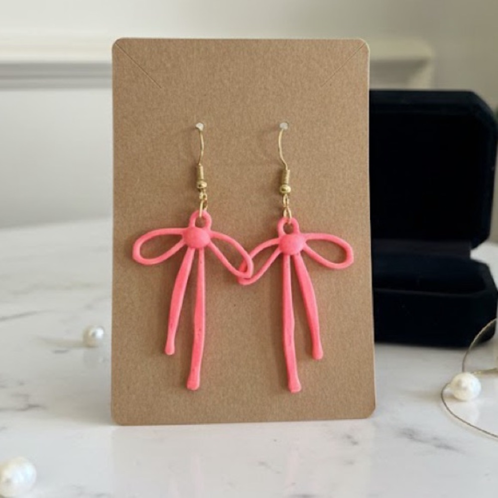 🎀 3D Printed Ribbon Bow Earrings | Gold or Silver Hardware | Neon Pink